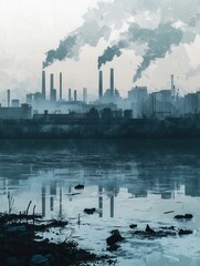 Poster - Smog hangs over a metropolis as factories emit smoke into the sky, while plastic floats on a polluted river, highlighting environmental decay. Generative AI