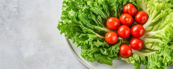 Fresh organic lettuce leaves and cherry tomatoes on a white plate with a spacious background on the top right