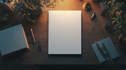 Aufkleber - A serene workspace with a blank notebook, stationery, and plants in warm evening light, inviting creativity and focus