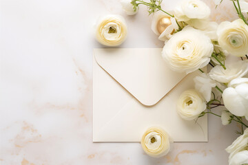 Wedding and holiday stationery, envelope for cards and invitations on a light background with a floral arrangement..