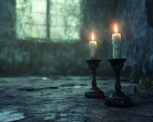 A serene scene featuring two lit candles on a stone surface, casting a warm glow in a dim, atmospheric room.