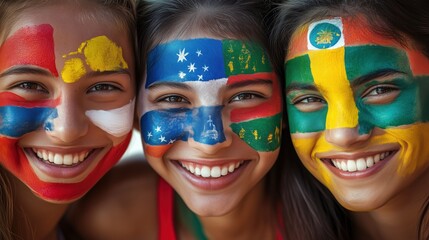 Three girls with painted faces wearing different colored flags. They are smiling and happy. Concept of unity and celebration of diversity