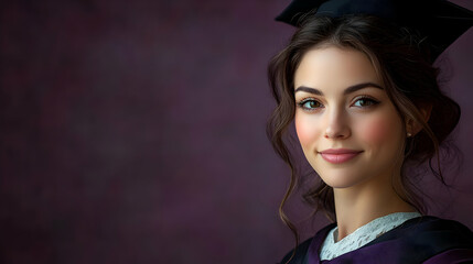 A graduate in cap and gown smiling against a purple background.