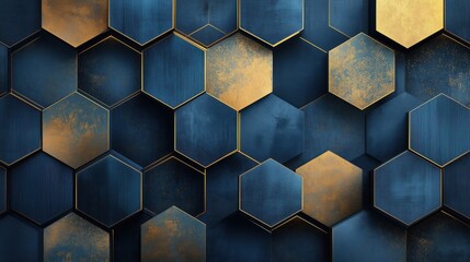 A blue and gold hexagonal pattern with a gold border. The pattern is made up of squares and triangles