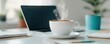 © AmazingArt - Virtual coffee break with a laptop on a cluttered desk, surrounded by notes and a steaming cup of coffee, virtual coffee break, informal, work-from-home, casual setup