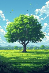 Wall Mural - A Lonely Tree Growing in a Meadow, Pixel Art Nature Landscape, 8bit Retro Video Game Wallpaper, Vertical Natural Beauty Gaming Asset Loading Screen Concept Backdrop Seasonal Background