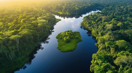 A river with a small island in the middle. The island is surrounded by trees and the water is calm