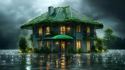 A house surrounded by water, overgrown with plants, under a stormy sky.