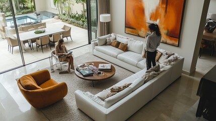 Bright and modern living room with a large white sofa and a vibrant painting, featuring two women enjoying their time together