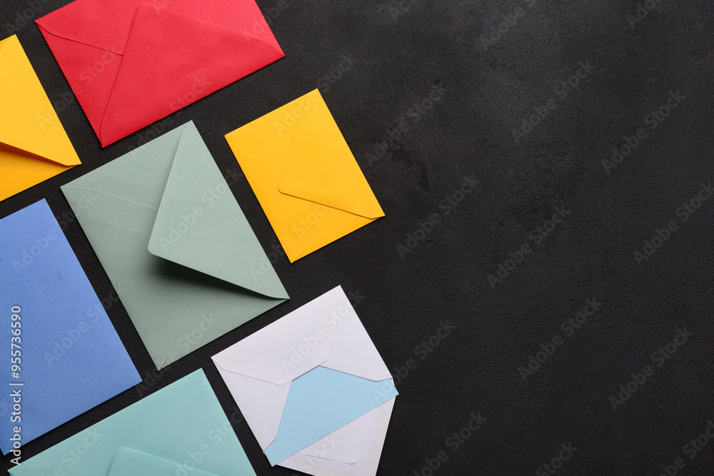 Composition with colorful envelopes on dark background