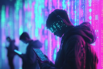 Poster - Heads bowed, individuals focus on their smartphone screens, surrounded by vibrant digital numbers that convey a sense of virtual isolation. Generative AI