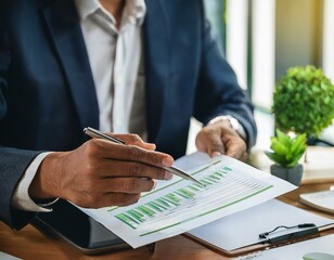 Corporate auditor reviewing sustainability reports in a modern office