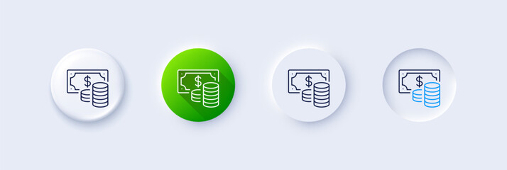 Wall Mural - Coins banknote line icon. Neumorphic, Green gradient, 3d pin buttons. Cash money sign. Business income symbol. Line icons. Neumorphic buttons with outline signs. Vector