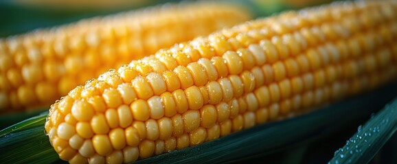 Wall Mural - Close-up of fresh corn on the cob, with the kernels glistening.