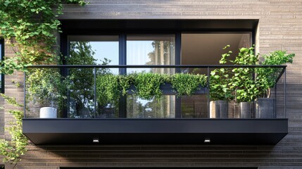 A modern balcony with potted plants and a glass railing. Perfect for illustrating a contemporary city dwelling or showcasing green architecture.