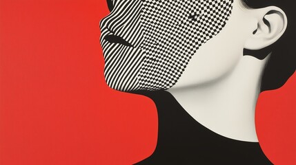 Poster - artistic representation of a woman's profile with contrasting patterns against a vibrant red backgro