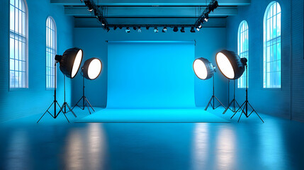 Wall Mural - A photography studio with blue backdrop and stage lighting.