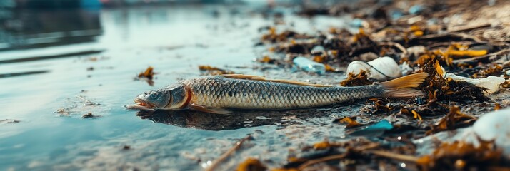 Aufkleber - A dead fish lies on the shore, surrounded by plastic debris and oil spills, showcasing the impact of pollution on coral reef ecosystems. Generative AI