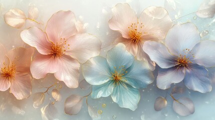 Wall Mural - Delicate Pastel Flowers with Golden Accents