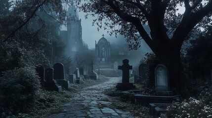 creepy dark graveyard