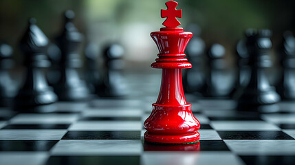 A red king chess piece on a checkered board with black pieces.