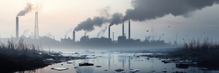Poster - A modern metropolis suffers from severe pollution, with smoke-filled skies, factory silhouettes, and a river choked by plastic waste. Generative AI