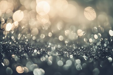 Poster - sparkling water droplets create a captivating bokeh effect on a surface during early morning light