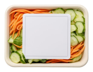 Sticker - PNG Takeaway food container box mockup with vegetable and blank label mockup packaging lunch meal dish.