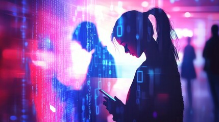 Poster - Individuals with bowed heads focus on smartphone screens, immersed in a virtual environment filled with digital codes. Generative AI