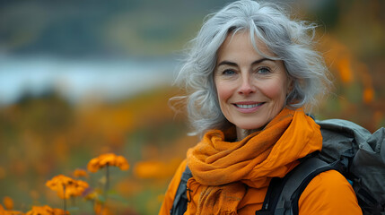 A smiling woman in an orange scarf stands among autumn flowers.