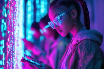 Poster - Individuals interact with their smartphones, immersed in digital numbers and codes, reflecting a sense of isolation in today's tech-driven society. Generative AI