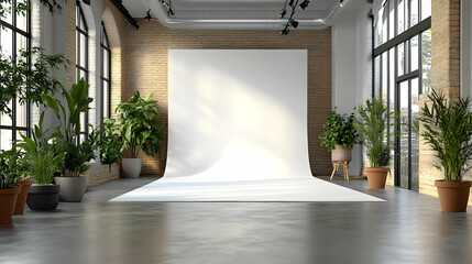 A spacious studio with a white backdrop and potted plants.