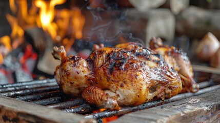 Close-up of a juicy, roasted chicken cooking on an open flame grill, with a deliciously charred and smoky appearance..