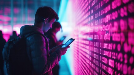 Aufkleber - Two people focus on their smartphones, surrounded by digital numbers, illustrating isolation in a technology-driven world. Generative AI