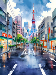 Wall Mural - Tokyo city Japan watercolor art