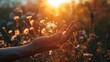 © engkiang - A hand gently holding a daisy flower, illuminated by the warm and soft light of a sunset, symbolizing peace and connection to nature..