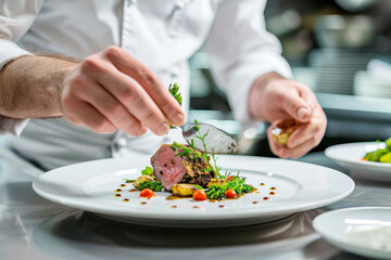 Wall Mural - A chef preparing a delicious dish in a fine restaurant.