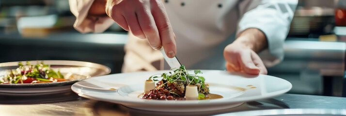 Wall Mural - A chef preparing a delicious dish in a fine restaurant.