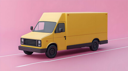 A yellow delivery truck on a pink background, emphasizing transport.