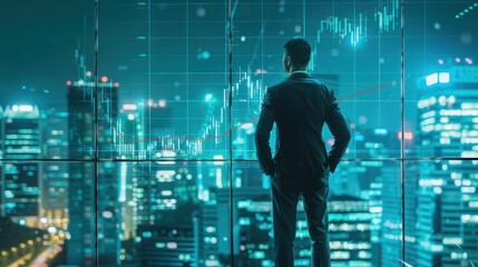 Poster - Businessman Looking at Cityscape with Stock Market Chart