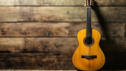 Acoustic Guitar on Wooden Background