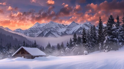 Canvas Print - Snowy Mountain Cabin at Sunrise