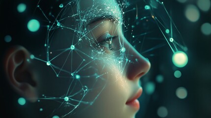 Poster - Digital portrait of a woman with glowing neural connections and a futuristic background at twilight