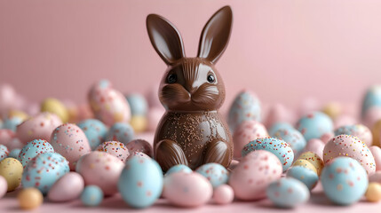 Wall Mural - Chocolate bunny surrounded by colorful Easter eggs on a pink background.