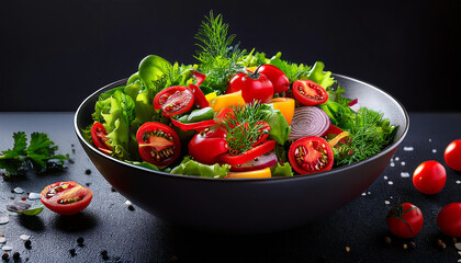 Fresh vegetable salad bowl with tomatoes, peppers, and herbs on a dark background