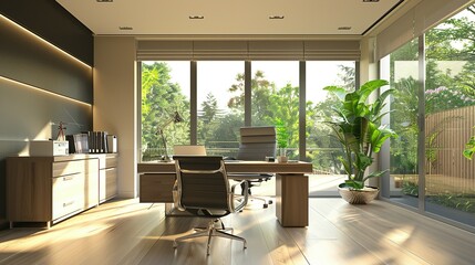 Modern Office Interior with Desk, Chair, and Large Windows