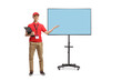 © Ljupco Smokovski - Full length portrait of a shop assistant holding a clipboard and pointing at a tv screen