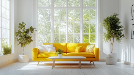 Inviting Sunny Living Room with Yellow Sofa and Large Windows for Natural Light