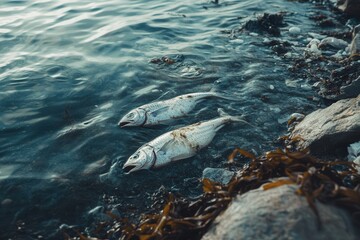 Wall Mural - Two dead fish lie on the shore, surrounded by plastic debris and oil spills, highlighting the impact of pollution on marine life. Generative AI