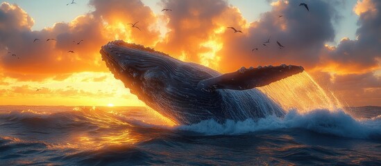 Sticker - Humpback Whale Leaping at Sunset